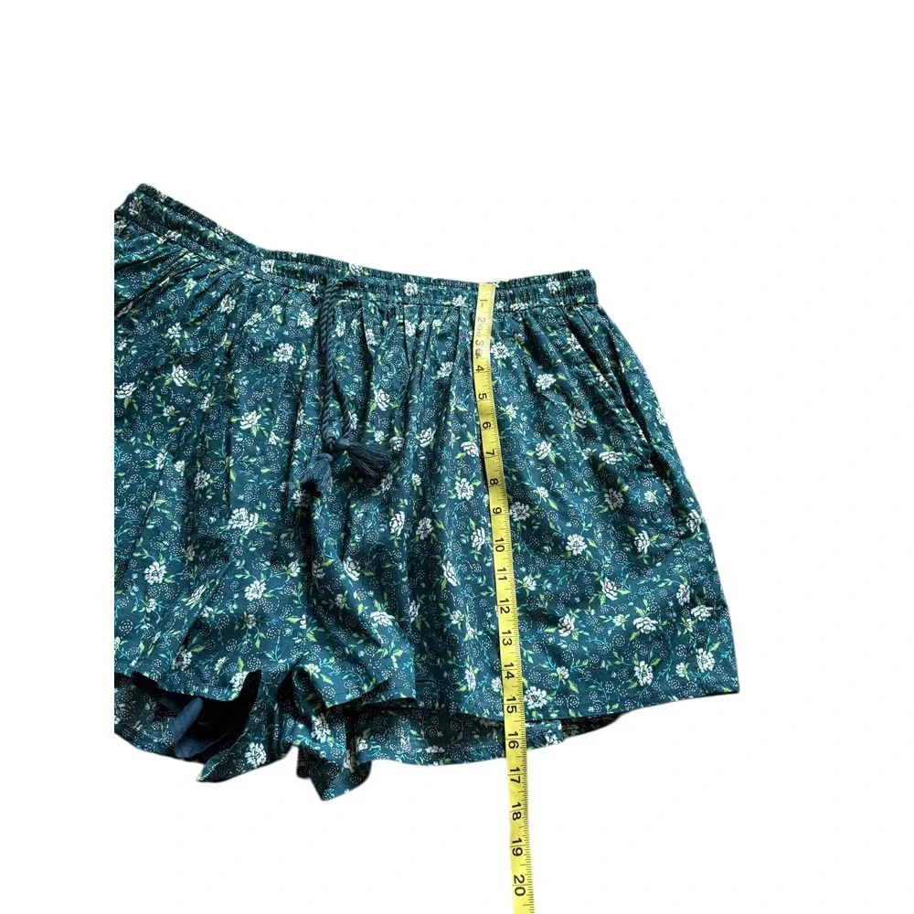Old Navy Floral Boho Shorts XL Green Elastic Waist Tassel Tie Flowy Cotton - Picture 5 of 7